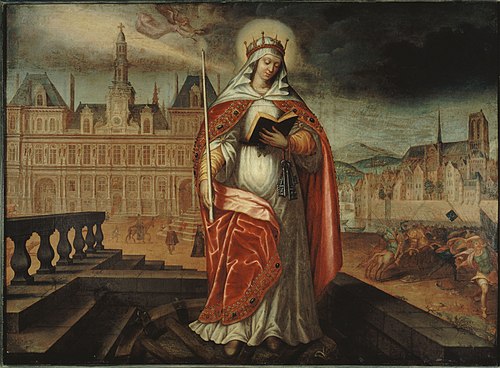 Sainte Geneviève, patronne de Paris, devant l'Hôtel de Ville; à droite, les Huns repoussés, vers 162, 1620, 