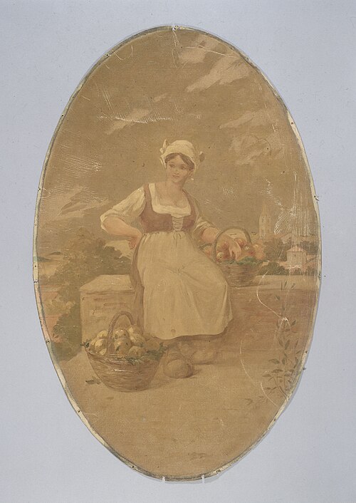 Fermière assise près de deux paniers de pommes. Peinture décorative pour le Café de Paris., 1900, 