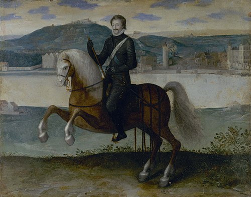 Portrait d'Henri IV (1553-1610), roi de France, à cheval devant Paris., 1595, 
