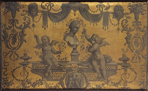 Panneau décoratif grotesque avec deux amours couronnant un buste de fleurs, 1801, 