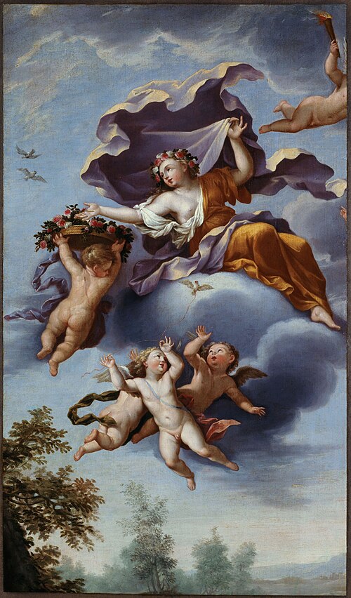 Le Triomphe de Flore. Peinture décorative. Fragment d'une peinture, découpée pour s'adapter à un cie, 1701, 
