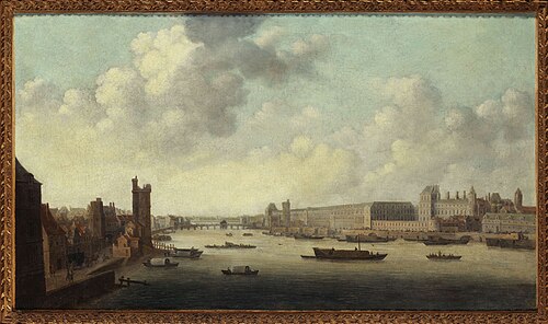 L'Hôtel de Nevers, la Tour de Nesle, la Grande Galerie et le Louvre, vus du Pont-Neuf, 1601, 