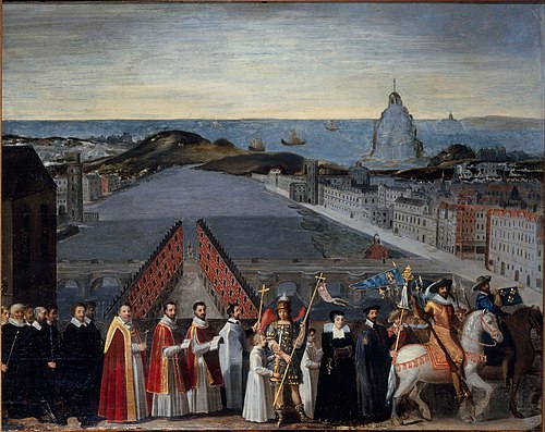 Procession de la confrérie parisienne des pèlerins de Saint-Michel-du-Mont sur le Pont-Neuf, 1601, 