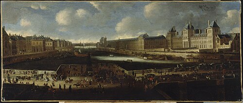 Le Pont-Neuf, vu de l'entrée de la place Dauphine, le Quai Malaquais avec le collège des Quatre-Nati, 1601, 