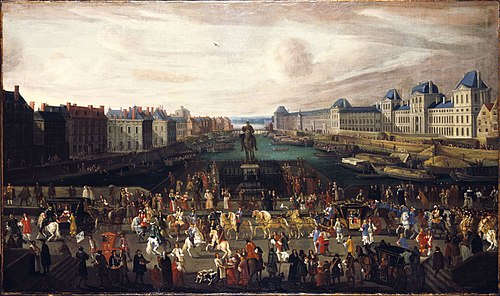 Le Pont-Neuf, vu de l'entrée de la place Dauphine, le quai Malaquais avec le collège des Quatre-Nati, 1601, 