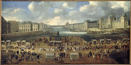 Le Pont-Neuf, vu de l'entrée de la place Dauphine, le quai Malaquais avec le collège des Quatre-Nati, 1601, 