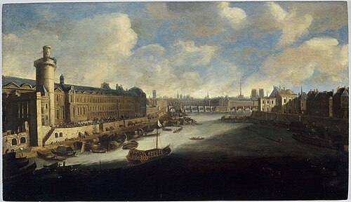 La Grande Galerie du Louvre, avec la porte Neuve, le Pont-Neuf, la Cité, le collège des Quatres-Nati, 1601, 