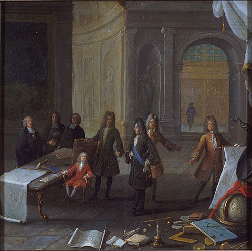 Louis XV enfant recevant une leçon, en présence du cardinal de Fleury et du Régent, 1701, 