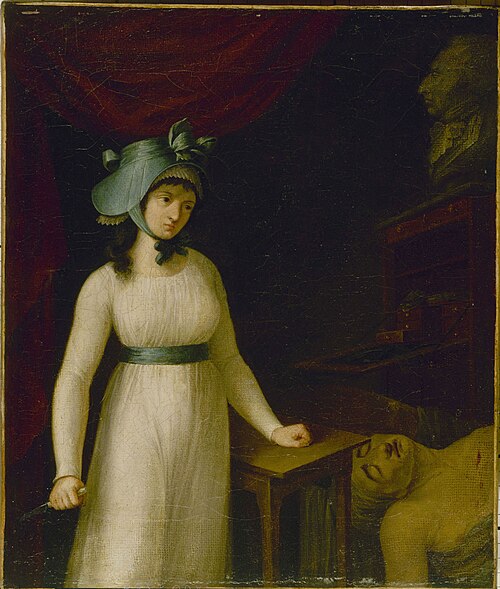 Portrait de Charlotte Corday (1768-1793) au moment où elle vient d'assassiner Marat, 1701, 
