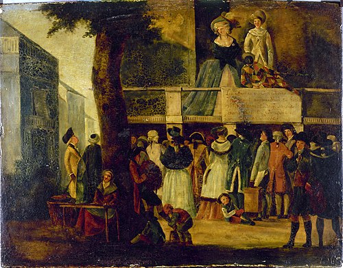 Parade devant un théâtre des boulevards (théâtre des Associés, boulevard du Temple ?), 1788, 