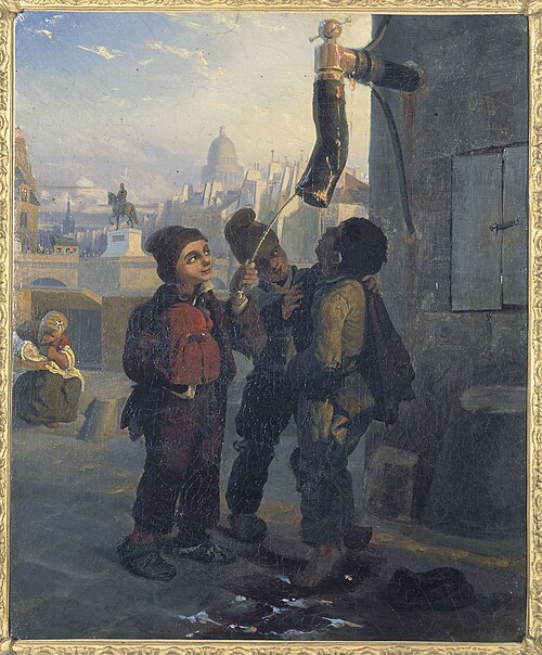 Petits ramoneurs se désaltérant à l'eau d'une pompe, vers 1830, 1830, 