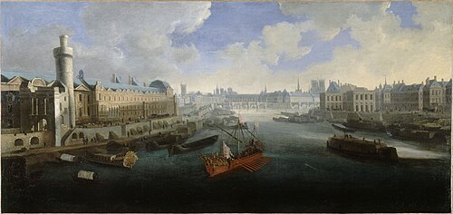La Grande Galerie du Louvre, avec la porte Neuve, le Pont-Neuf, la Cité, le collège des Quatres-Nati, 1660, 
