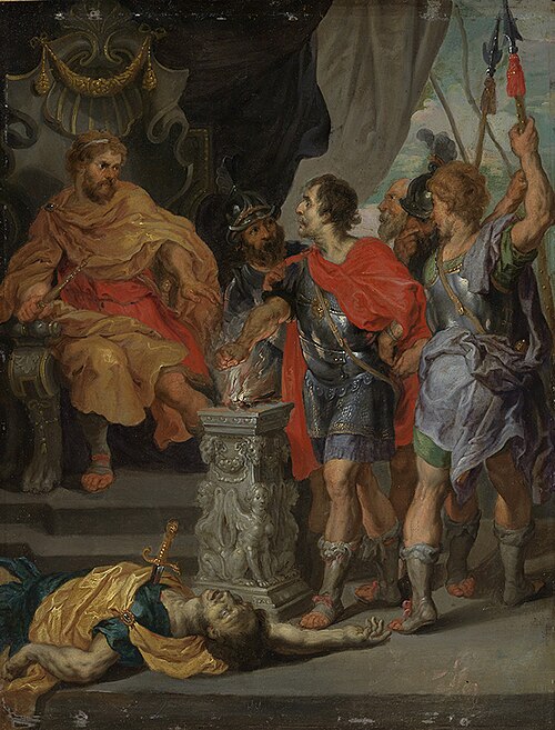 Mucius Scaevola shows fortitude before king Lars Porsenna, 1722, 