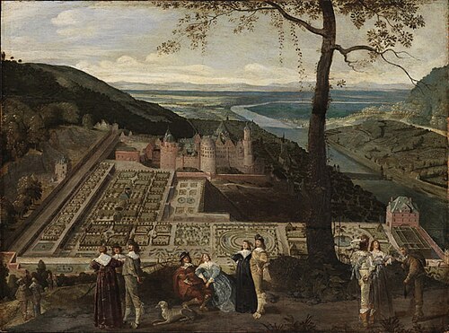 Gezicht op het Heidelbergkasteel en tuin, 1620, 