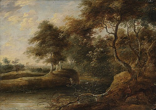 Wooded landscape with a river and a resting traveller, 1650, 