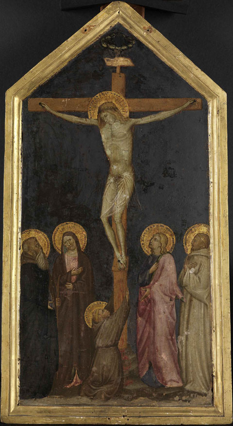 Christus am Kreuz zwischen Maria und Johannes mit den Heiligen Franziskus, Antonius Eremita und Bern, 1400, 