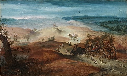 Hilly landscape with cheerful company in a cart, 1600, 