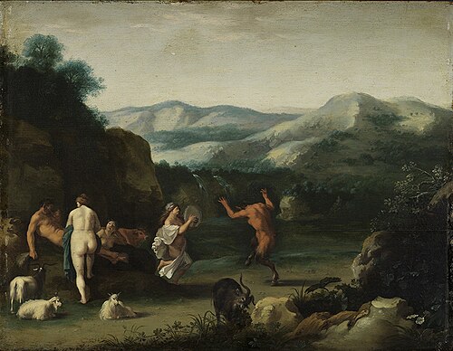 Heuvellandschap met muscicerende en dansende nimfen en saters, 1662, 