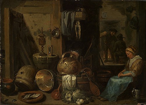 Keukeninterieur met slapende vrouw, 1657, 
