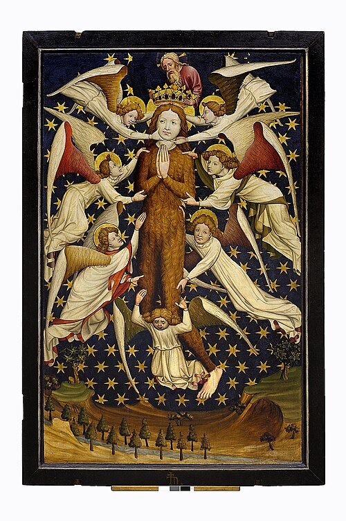 Diptych from the Winterfeld family foundation left wing, obverse: St Mary Magdalene held aloft by an, 1432, 