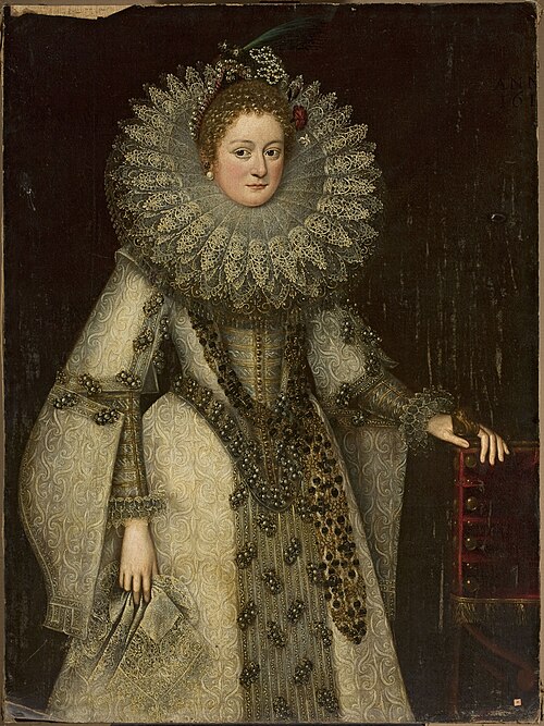 Portrait of a lady in a rich costume leaning on the armchair, 1612, 