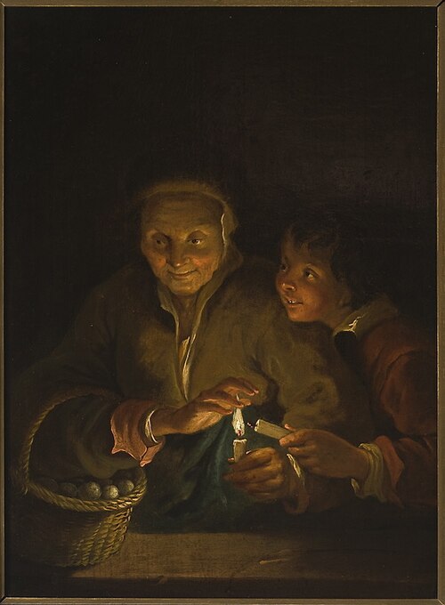 Old woman and a boy with a candle, , 