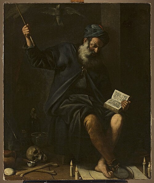 Old man in a truban casting charms, 1650, 