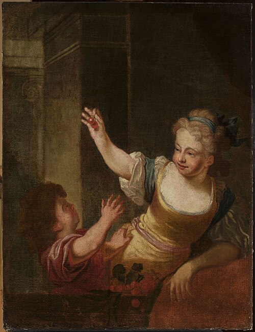 Two children playing with dark cherries, 1740, 