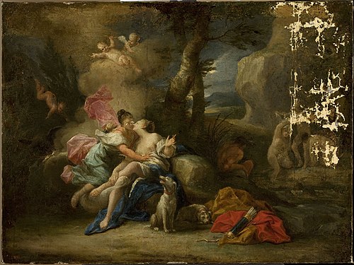 Jove disguised as Diana kisses nymph Callisto, 1740, 