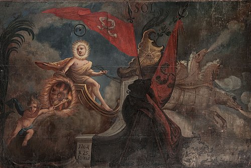Helios on the chariot. Allegory with the coats of arms of Trąby (Woyna) and Nałęcz (Górski), 1764, 