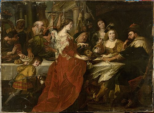 Salome with the head of St. John the Baptist at the banquet (Matthew 14:11; Mark 6:27-28), , 