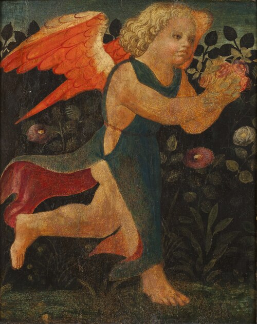 Putto in front of a Hedge of Roses, , 