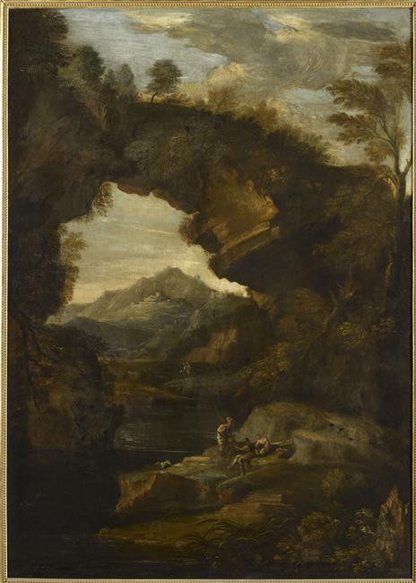 Paysage avec un rocher formant arcade et trois figures, 1687, 