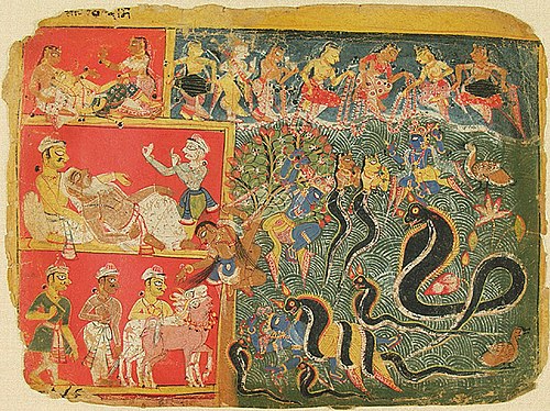 Krishna Subdues the Serpent King Kaliya, folio from an album of the Bhagavata Purana (Ancient Storie, 1540, 