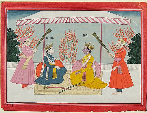 Krishna and Balarama Seated Beneath an Awning, from a Bhagavata Purana Series, 1820, 