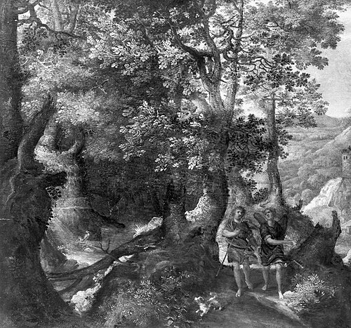 Wooded landscape with Tobias and the angel, 1600, 