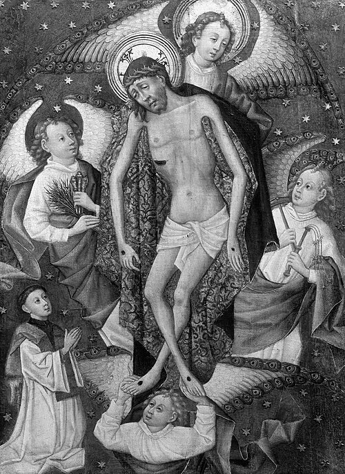 The dead Christ raised by four angels with a donor figure, 1450, 