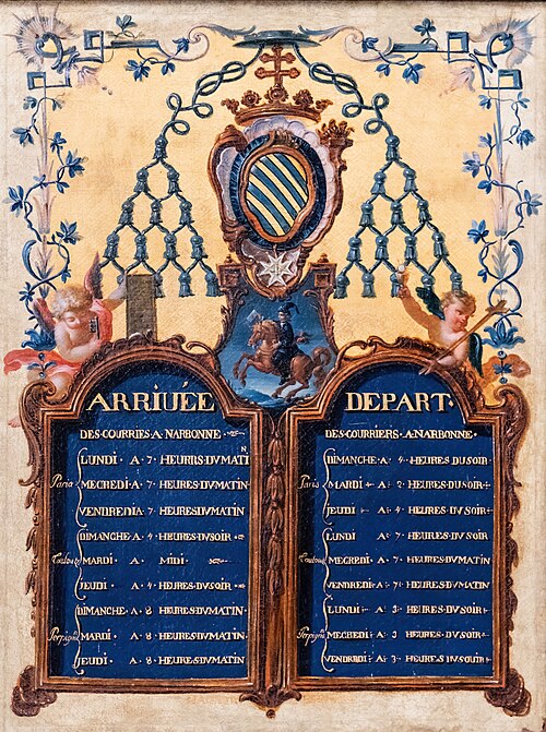 Horaires des courriers de Narbonne en 1750, 1750, 