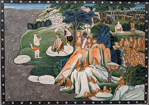 Rama et Lakshmana recevant en audience un chef de l'armée des singes, 1850, 