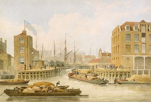 The entrance gates to the Regent's Canal at Limehouse in London, 1823., , 