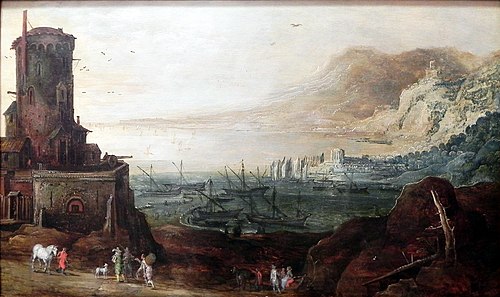 Hafenlandschaft mit Befestigungsturm, , 