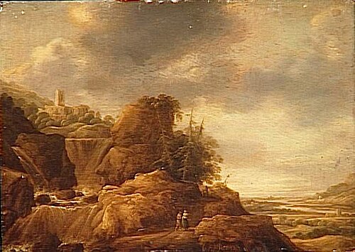 Paysage montagneux avec couple cheminant près d'une cascade, 1650, 