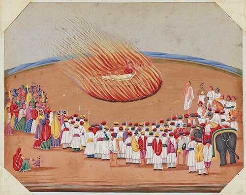 Funeral Pyre and Woman Committing Sati with Onlookers, 1848, 