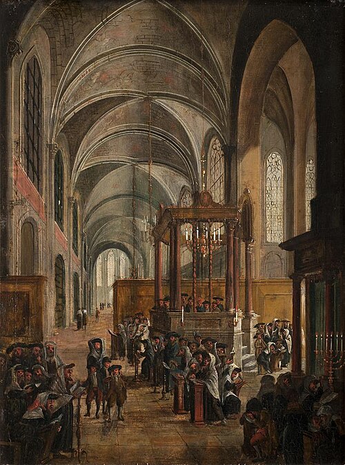 Synagogedienst in de vleugel van een katholieke kerk, 1650, 