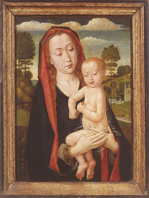 Maria met kind voor een borstwering met doorzicht naar een heuvellandschap, 1487, 