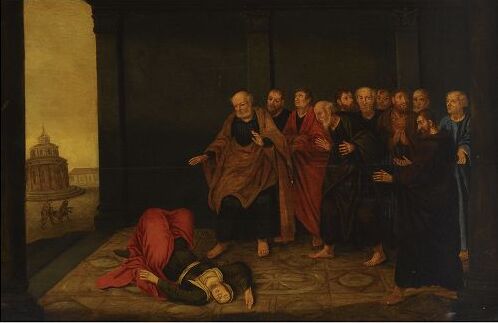 Sapphira dies after being interrogated by Saint Peter (Acts 5:10), 1624, 