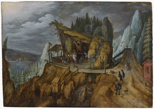 Fantastisch rotslandschap met verzoeking van Antonius abt, 1600, 