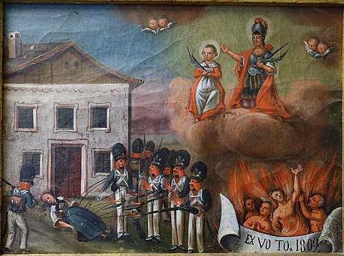 Heiliger Florian, seliger Andreas von Rinn mit französischen Soldaten, Seelen im Feuer, 1809, 