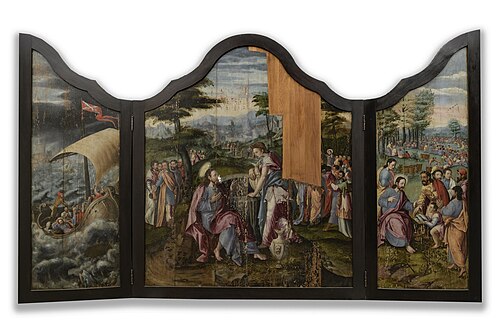 Drieluik met Christus en de overspelige vrouw ; middenpaneel Christus en de Samaritaanse vrouw, zijl, 1550, 