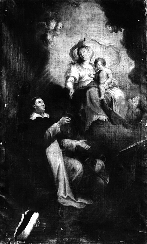 H. Dominicus met hond en fakkel ontvangt van Madonna de rozenkrans, 1750, 